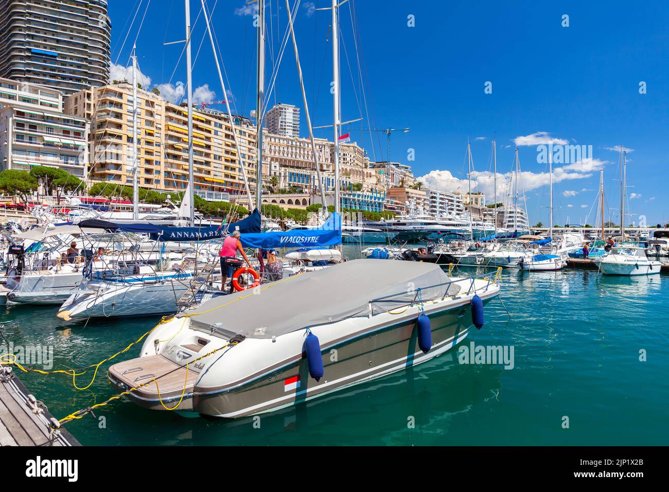Monte Carlo, Monaco - August 15, 2018: Luxury yachts are in Port Hercule of Monte Carlo Stock Photo