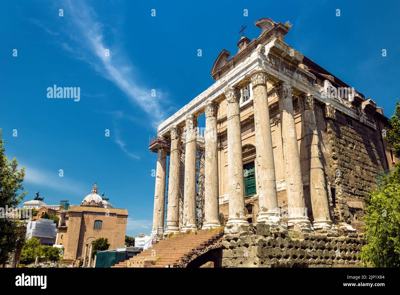 Temple of Antoninus and Faustina on Roman Forum, Rome, Italy. Scenery of Ancient and medieval church, tourist attractions of Rome. Historical building Stock Photo