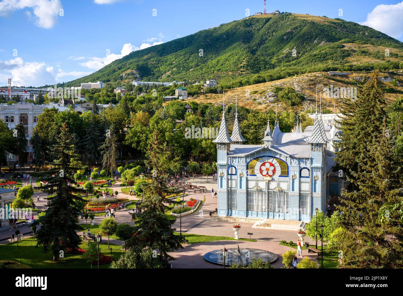 Landscape of Pyatigorsk, Stavropol Krai, Russia. Scenery of park Flower Garden on Mashuk Mountain background. Scenic view of Lermontov Gallery, histor Stock Photo