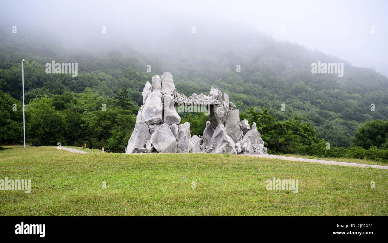 Mashuk Mount in mist, Pyatigorsk, Stavropol Krai, Russia. Landscape of mountain slope, foggy view of forest. Theme of nature of Pyatigorsk, Caucasus, Stock Photo