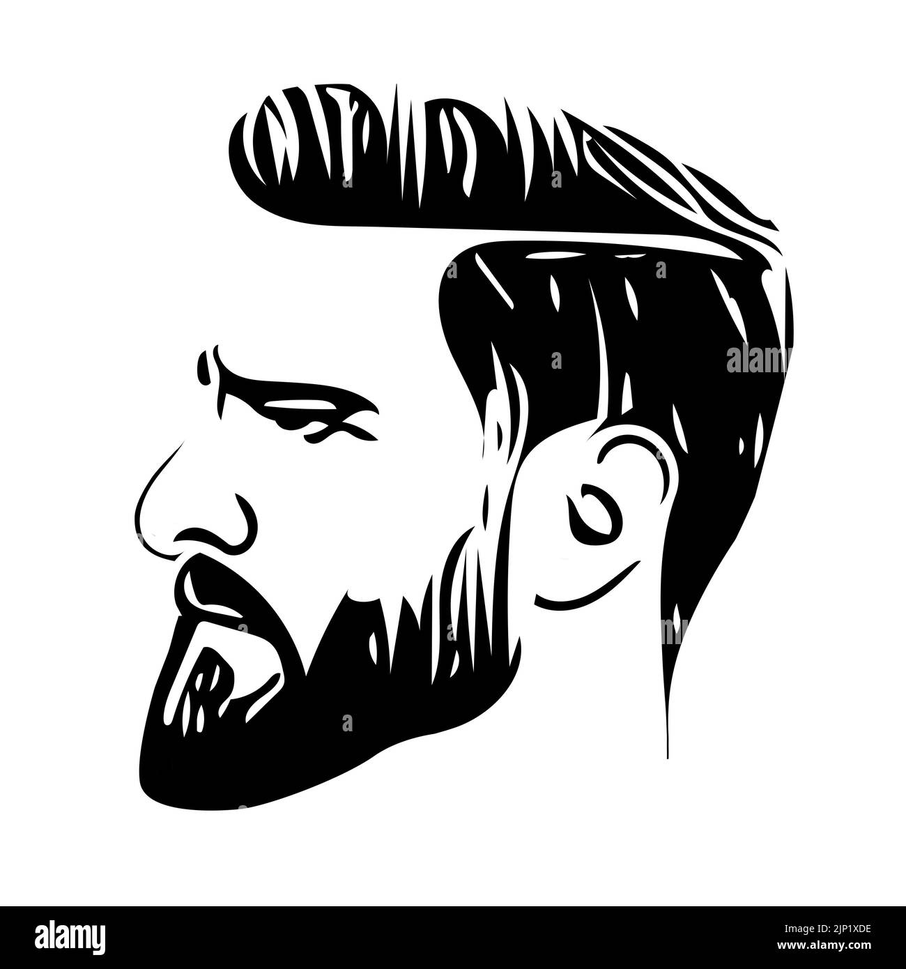 Barber shop, logotype drawn portrait of attractive man with beard. Male face profile Stock Photo
