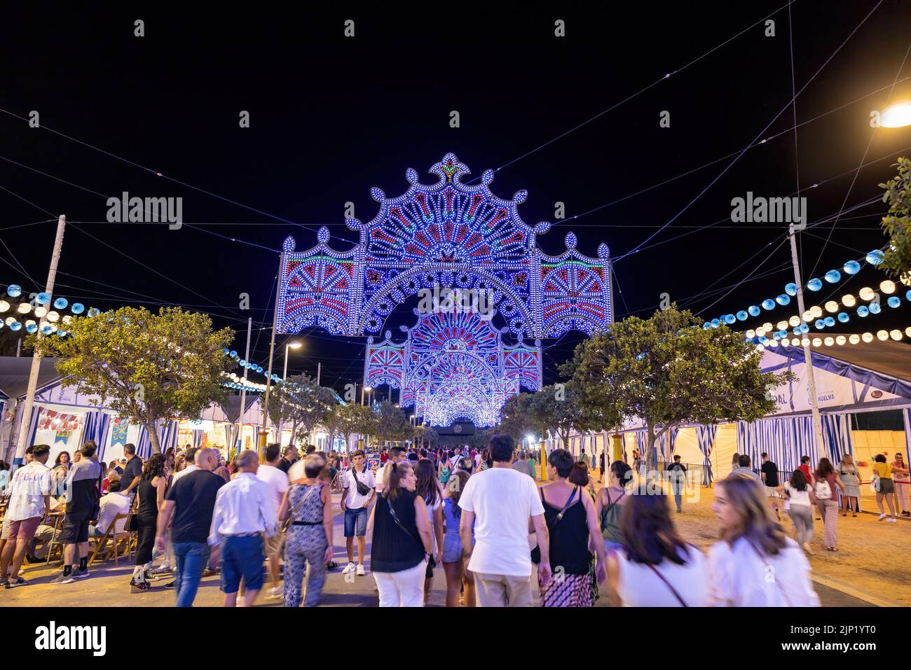 Huelva, Spain - August 1, 2022: Lighting of The Columbian Festivals celebrations in the city of Huelva (Fiestas Colombinas de Huelva), to commemorate Stock Photo