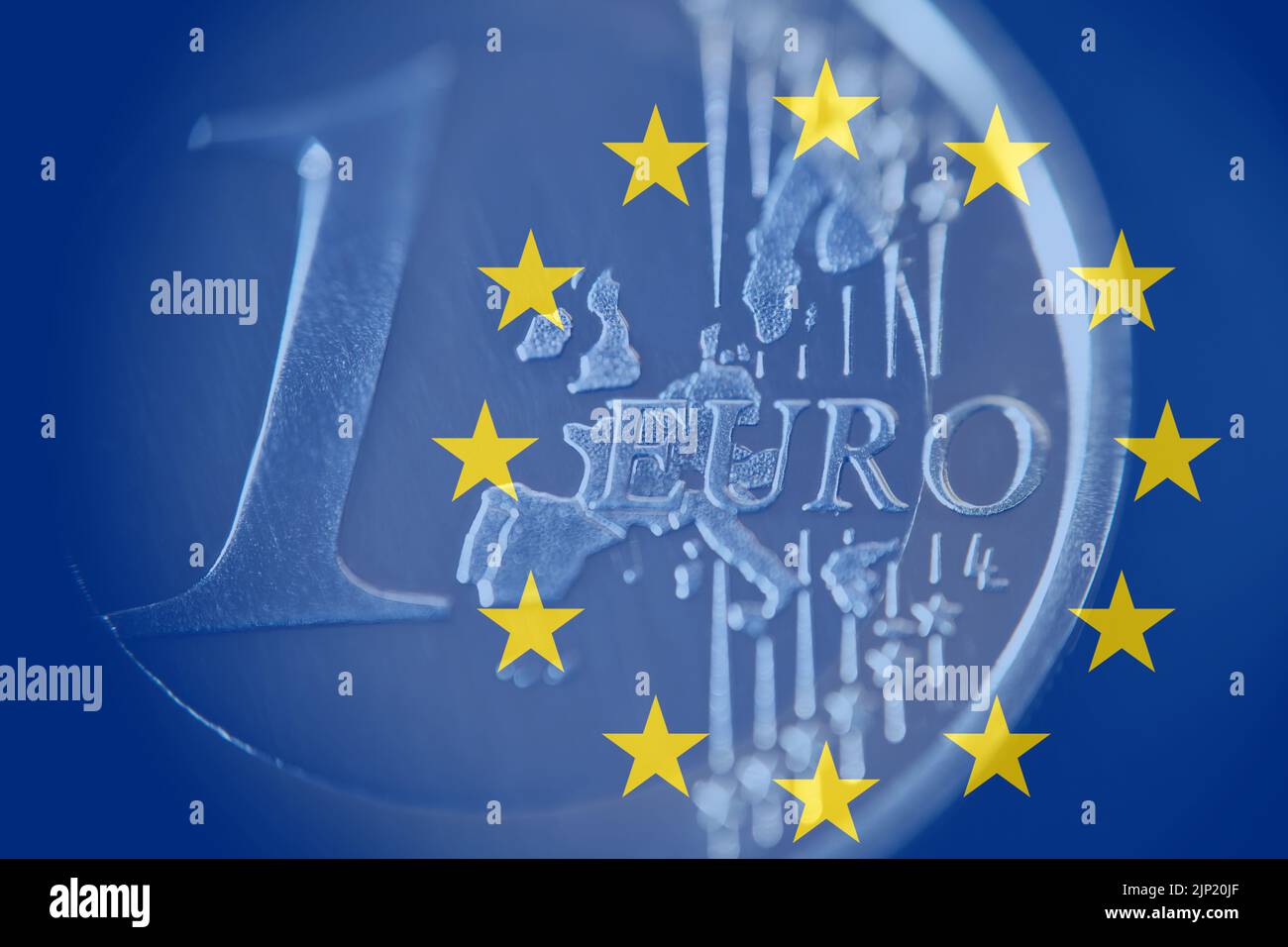 One Euro Coin tinted in blue color, with yellow european stars around 'EURO'. Stock Photo