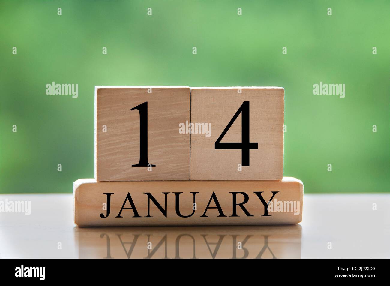 January 14 calendar date text on wooden blocks with blurred background
