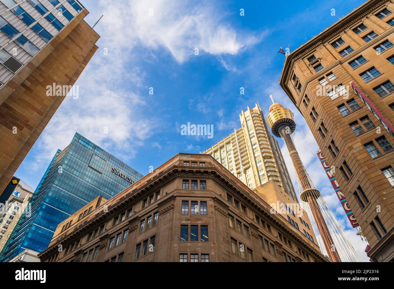 Sydney, Australia - April 16, 2022: Sydney Tower Eye looking up from the ground  on a day Stock Photo
