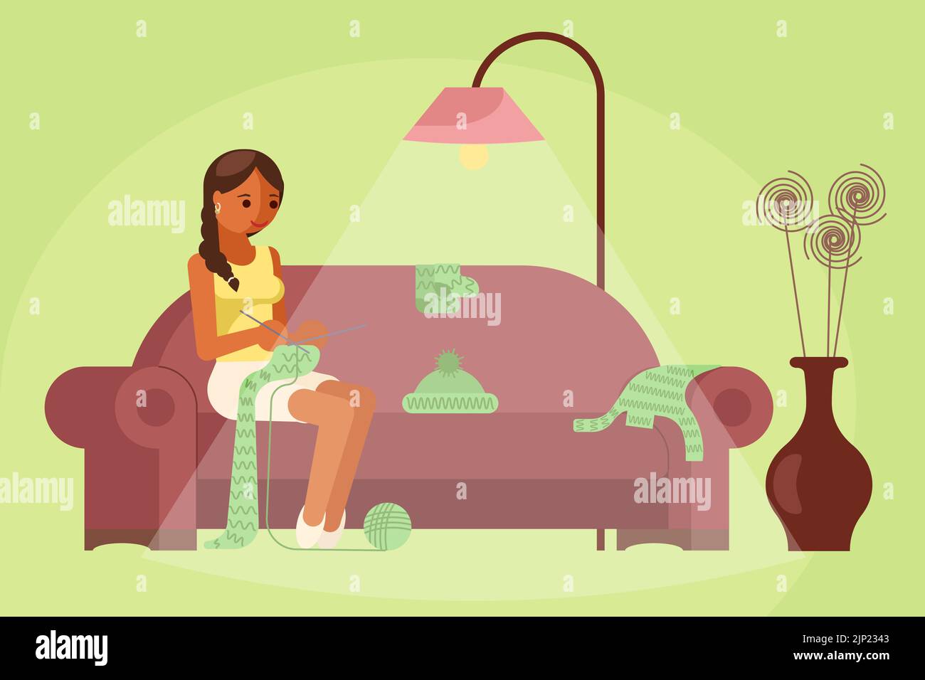 Woman knitting scarf while sitting on sofa with knitted winter clothes hat, mitten, sweater laid on it. Vector illustration in flat style. Craft hobby Stock Vector