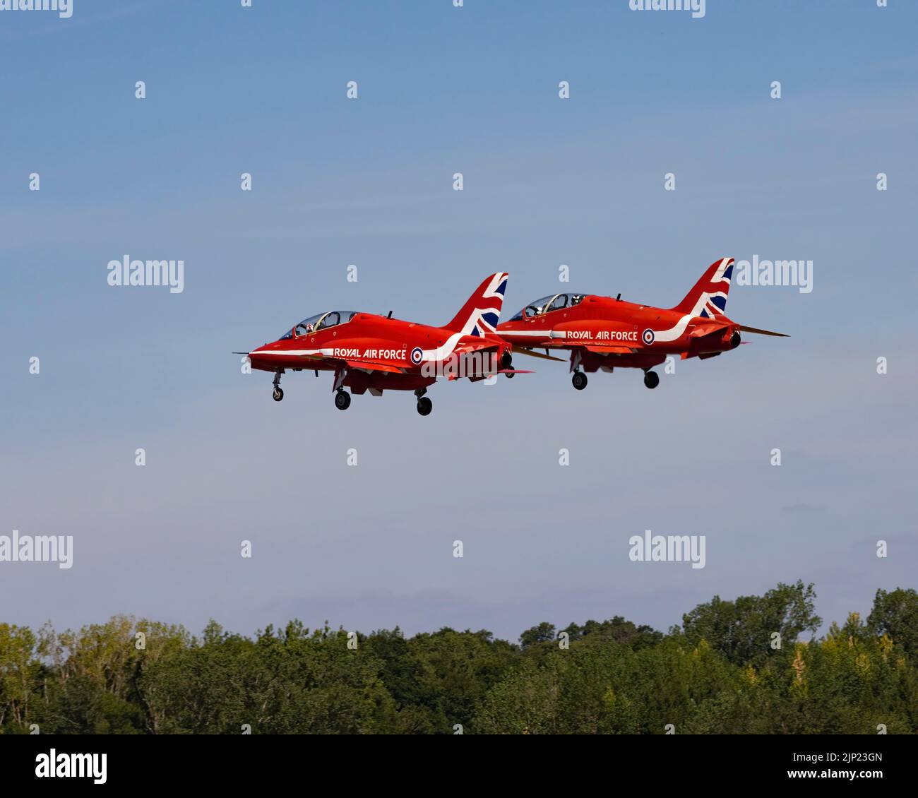 Two aircraft of the Red Arrows take of during the 2022 Royal International Air Tattoo Stock Photo