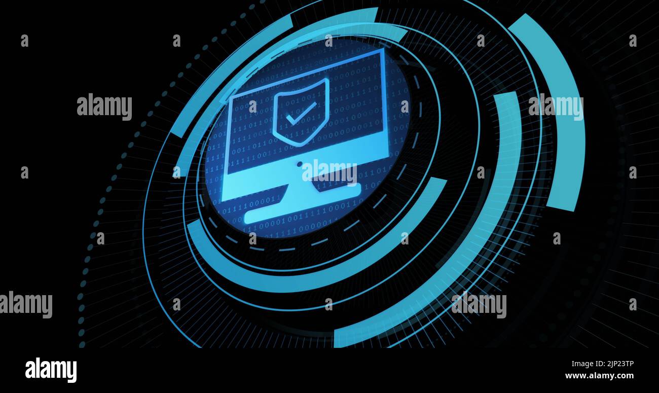 Image of shield on computer screen in processing circle on black ...