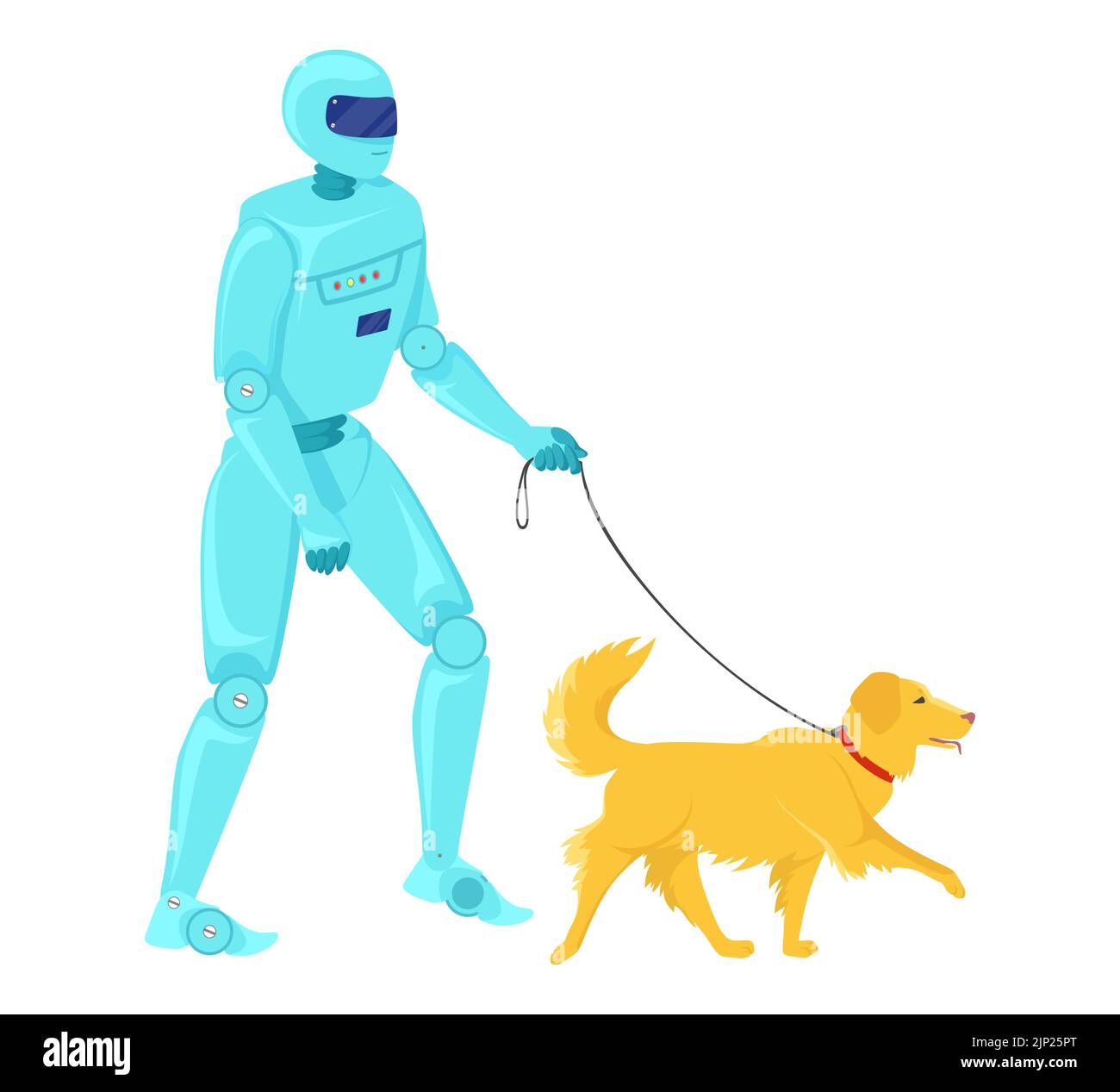 Robot assistant walking dog vector flat icon isolated on white background. AI robotic machine working daily routine chores illustration. Artificial in Stock Vector
