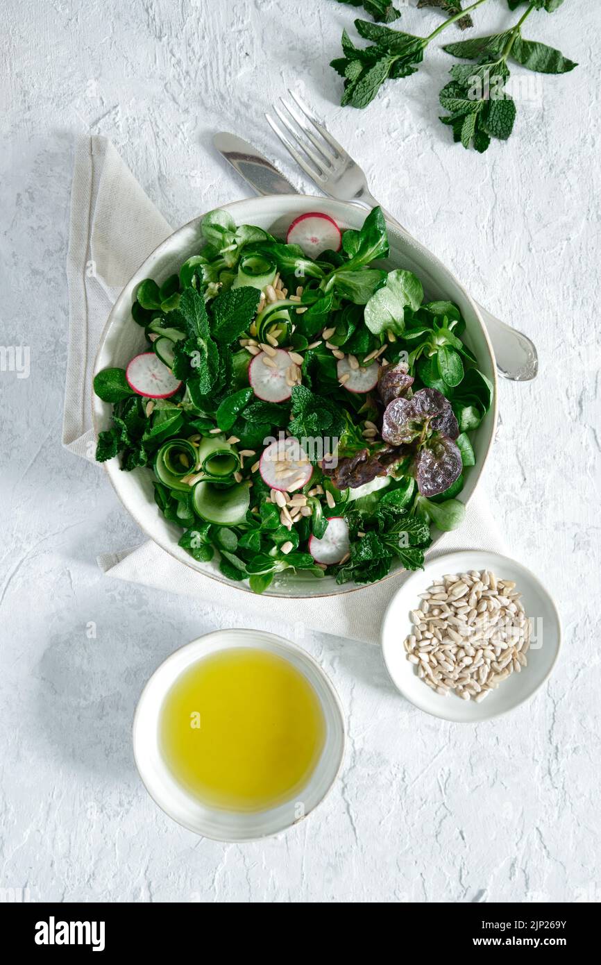 salad, oil, sunflower seeds, served, low fat, salads, oils, sunflower