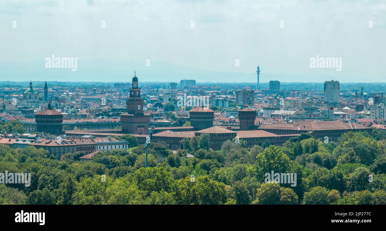 Aerial view of the Castello Sforzesco (Sforza's Castle) a medieval fortification located in Milan, northern Italy.  08-15-2022 Stock Photo