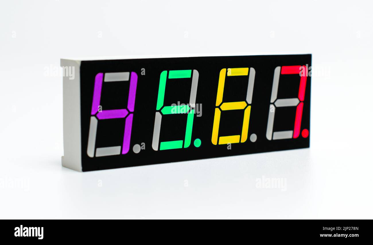 Electronic numbers. Digital Watch. Electronic dial. Digital alarm clock.  Electronic font. Countdown. Timer. Watch icon. Led watch.Colorful Indicator. Stock Photo