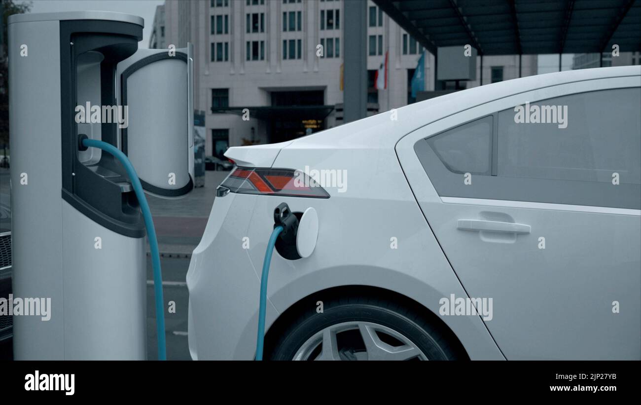 Electric Car Charging At A Charging Station, 3D Rendering Stock Photo