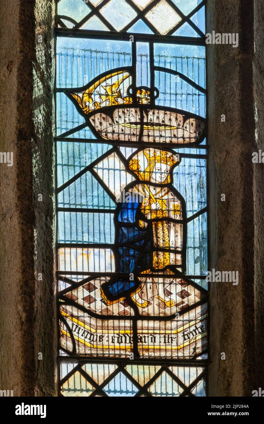 Stained glass window believed to depict Edward V aka John Evans - Evans Chantry, St Matthew’s Church, Coldridge, Devon Stock Photo
