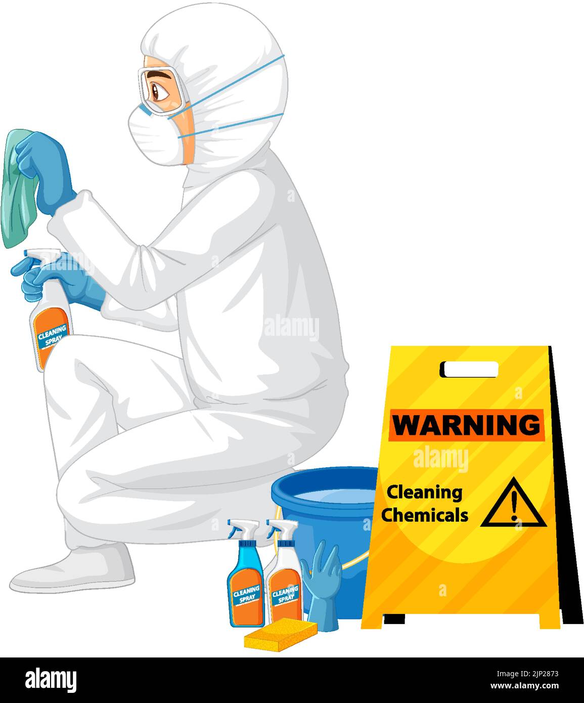 Man in protective hazmat suit with cleaning chemicals sign illustration