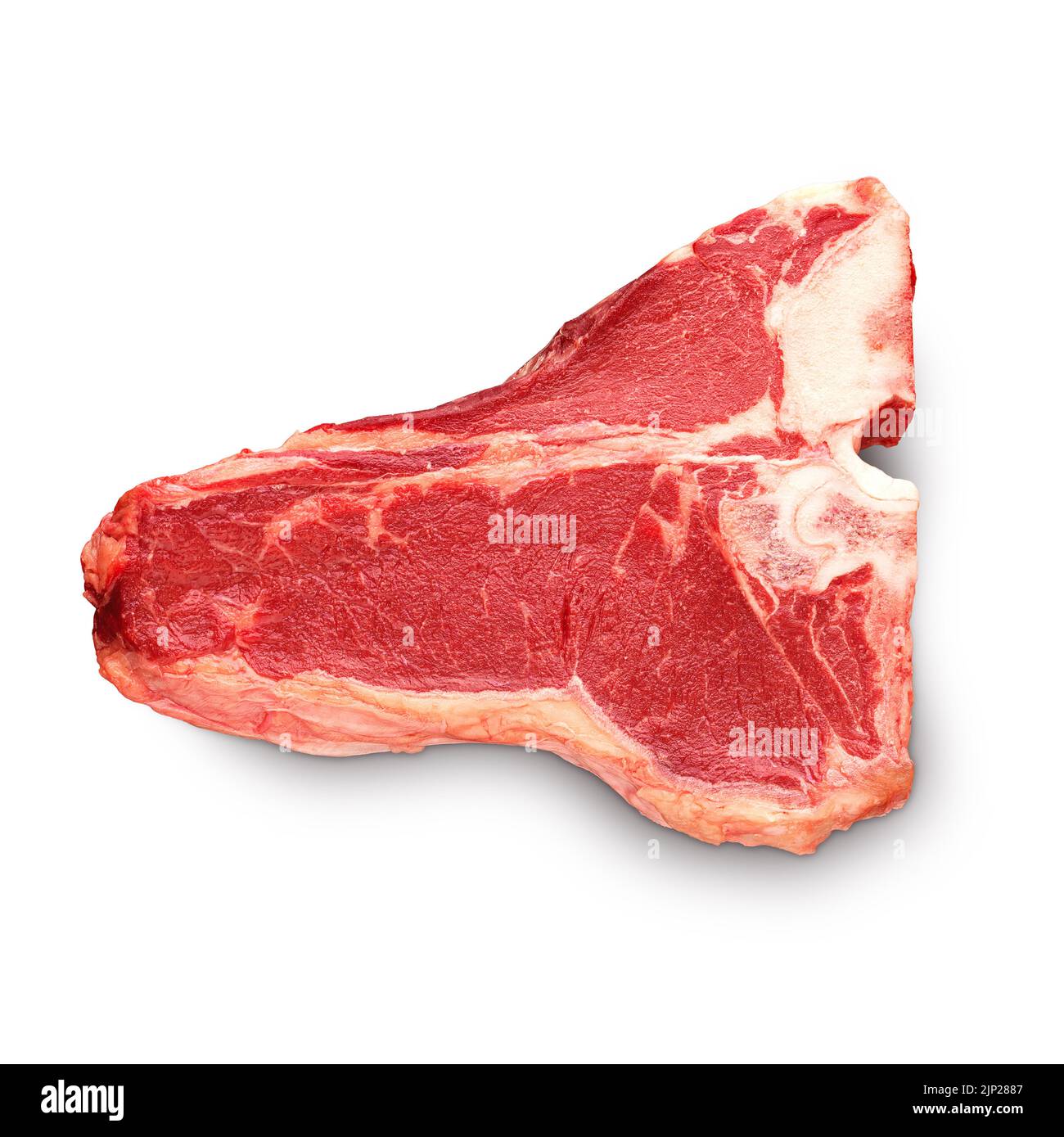 Raw Porterhouse or T-bone beef meat steak isolated on white background. Top view. Deep focus Stock Photo