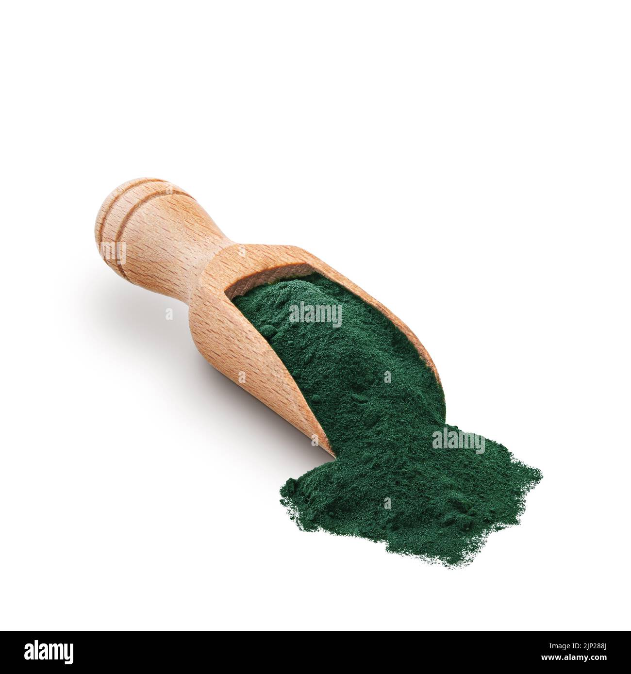 Wooden scoop full of spirulina powder isolated on white background. Deep focus Stock Photo