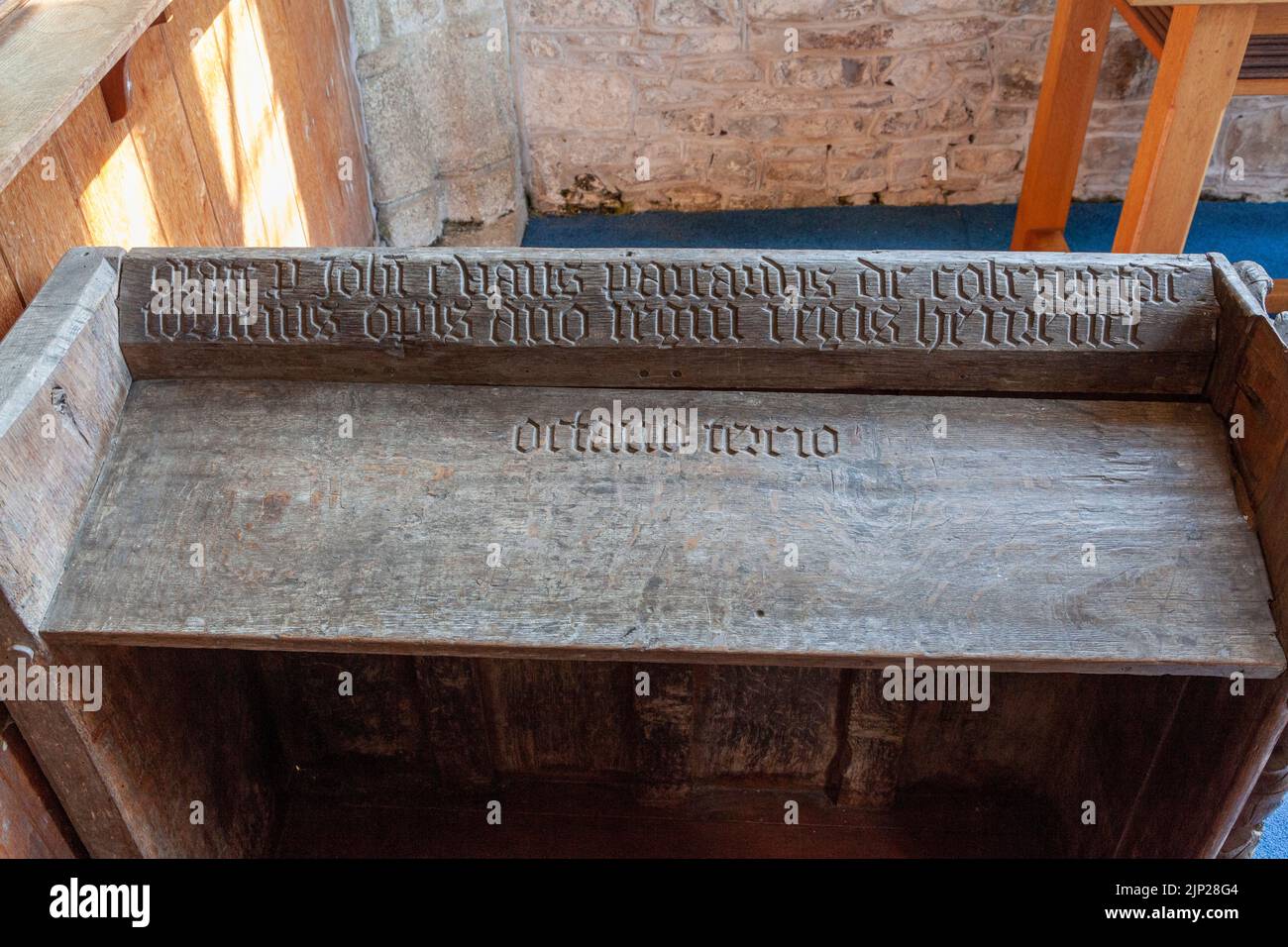 Re-built Prayer Desk of John Evans, belied by some to have been the uncrowned Edward V, St Matthew’s Church, Coldridge, Devon Stock Photo