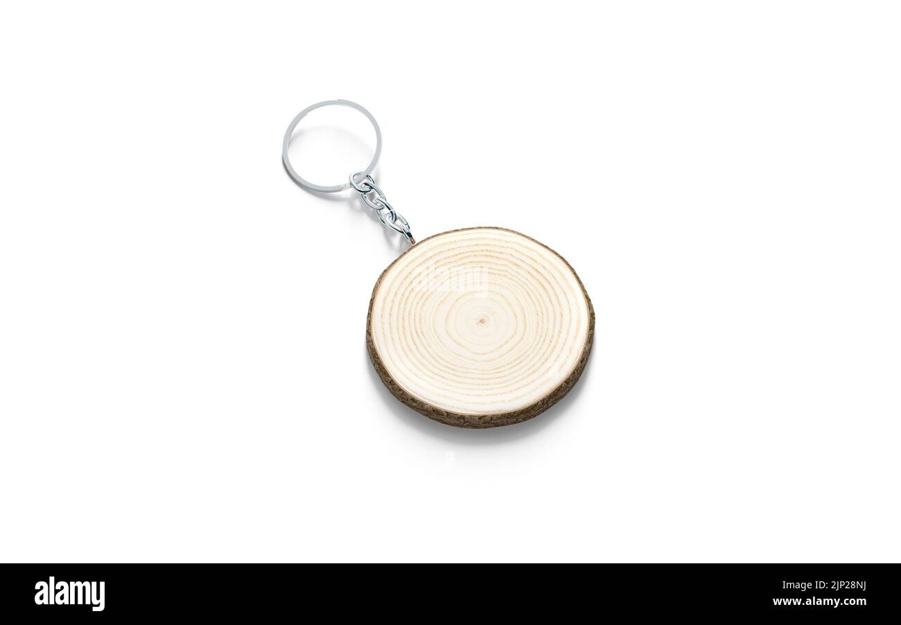 Blank wooden round tag on chain mockup, side view Stock Photo