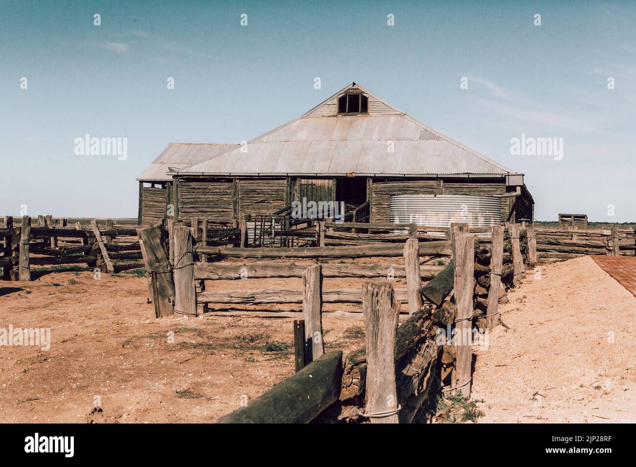 Rustic old shearing shed and corrals in outback Australia Stock Photo
