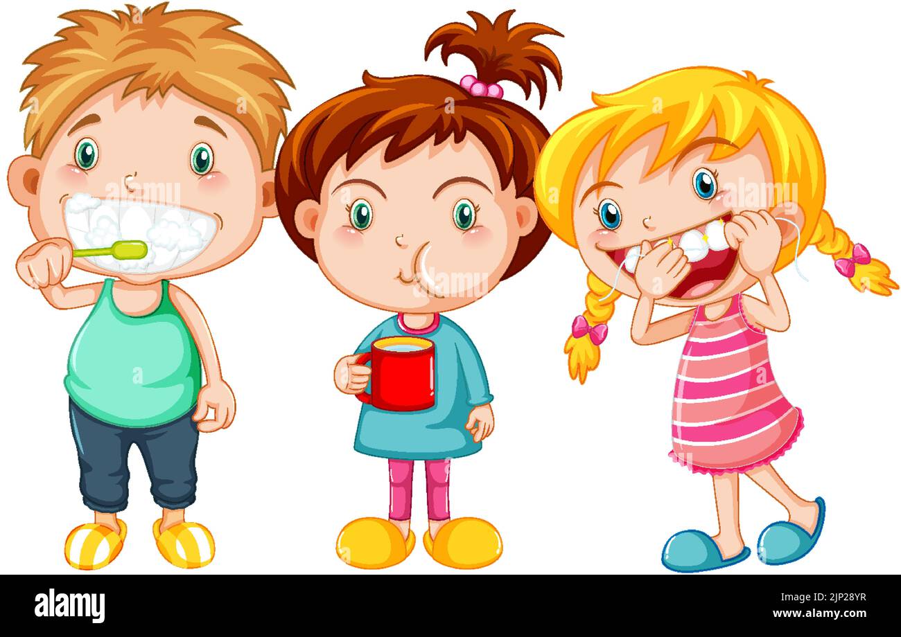 Group of cute children with dental care illustration Stock Vector
