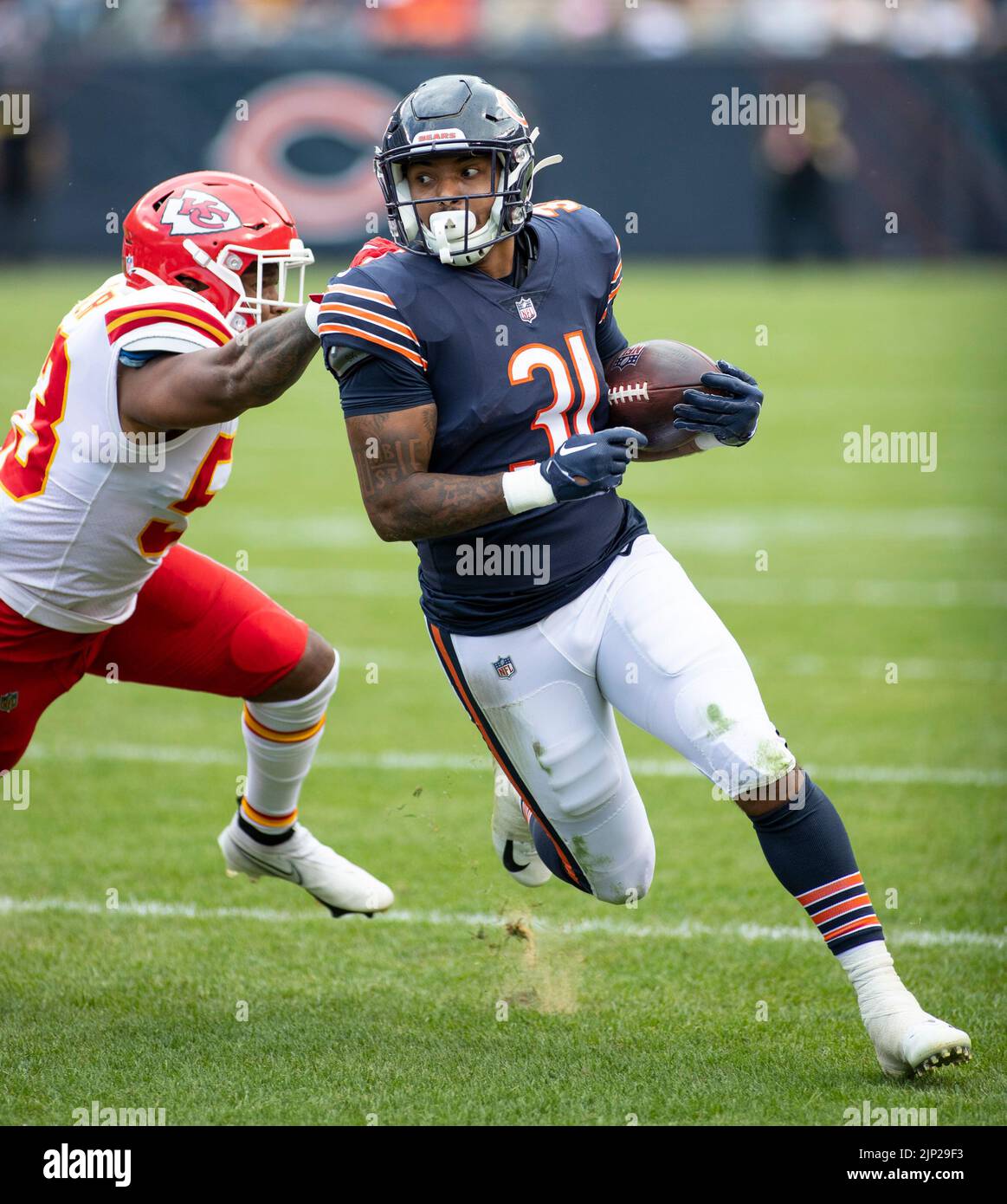 August 13, 2022: Chicago, Illinois, U.S. - Kansas City Chiefs #53 Jermaine Carter chases Chicago Bears #31 Trestan Ebner during the game between the Kansas City Chiefs and the Chicago Bears at Soldier Field in Chicago, IL. Stock Photo