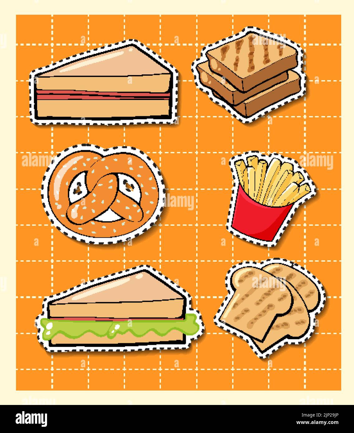 Mixed food cartoon sticker on grid background illustration Stock Vector ...