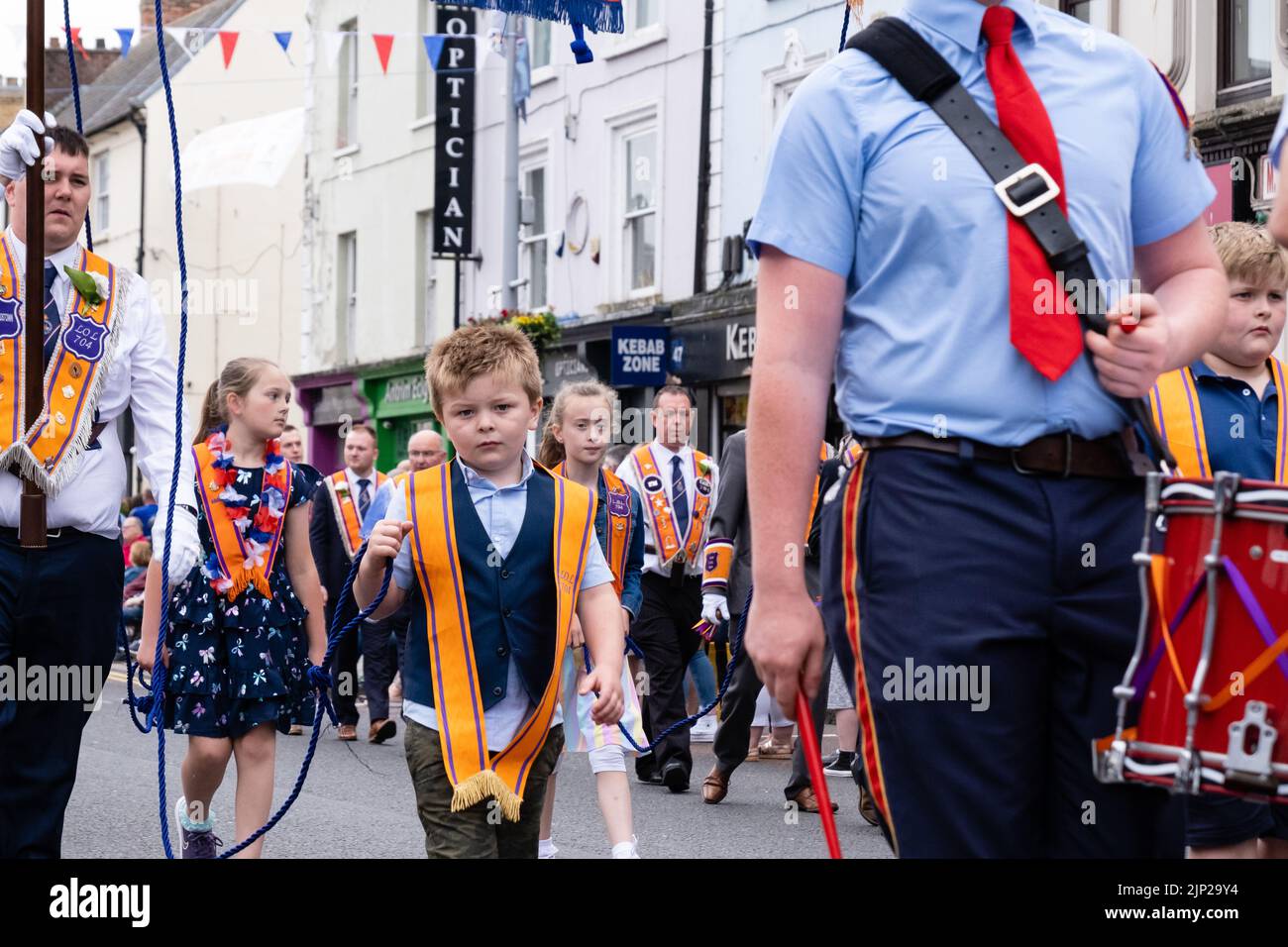 Antrim, 12th July 2022, UK. Junior members of the Orange Order parading