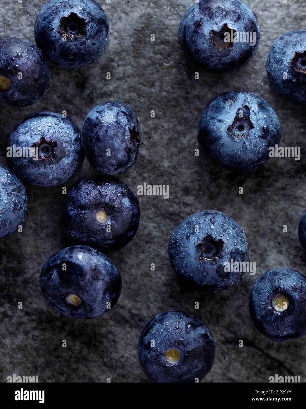 flat lay macro shot of fresh blueberries Stock Photo