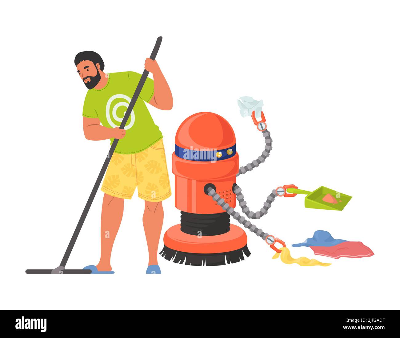 Robot assistant helping man to clean house vector Stock Vector