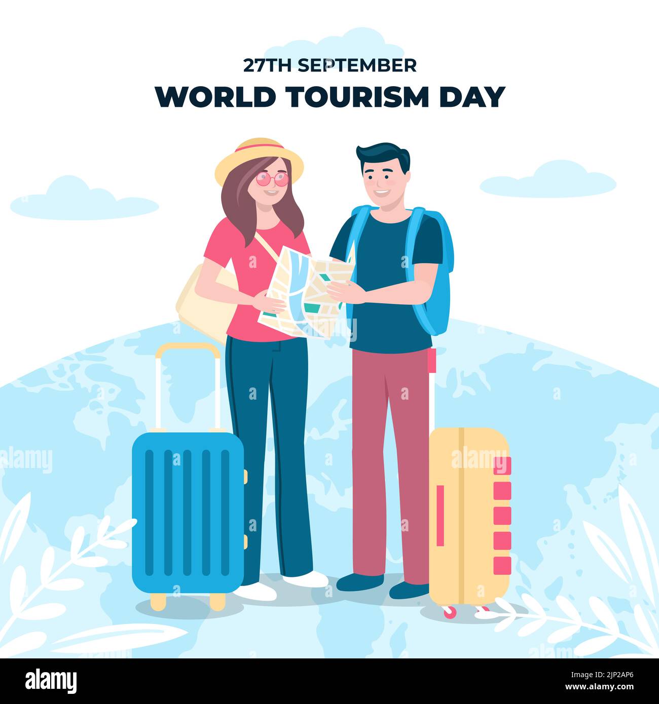 Flat illustration for world tourism day celebration, a girl and a guy are standing and looking at a map Vector illustration Stock Vector