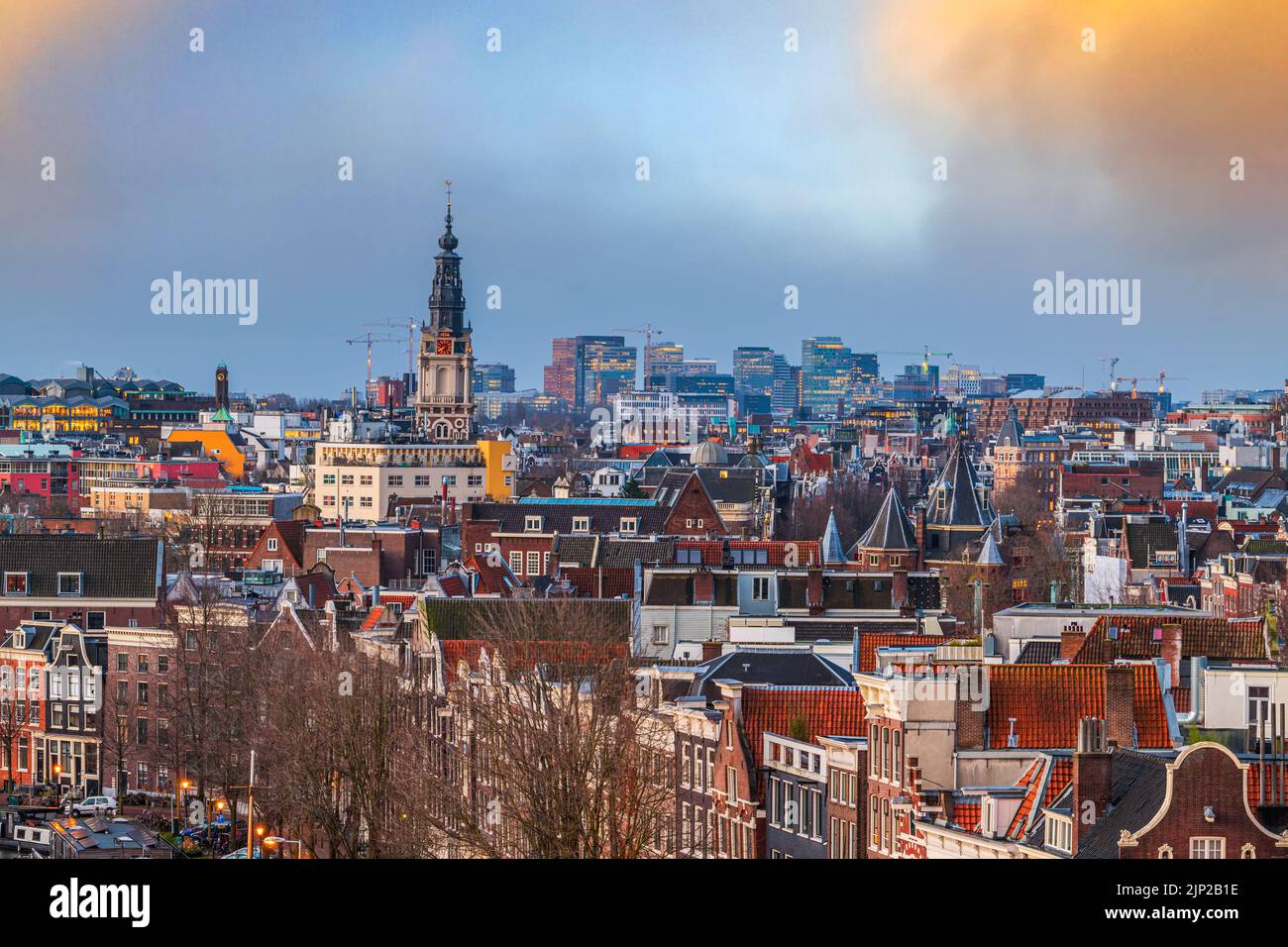 Amsterdam, Netherlands historic downtown cityscape at dusk. Stock Photo