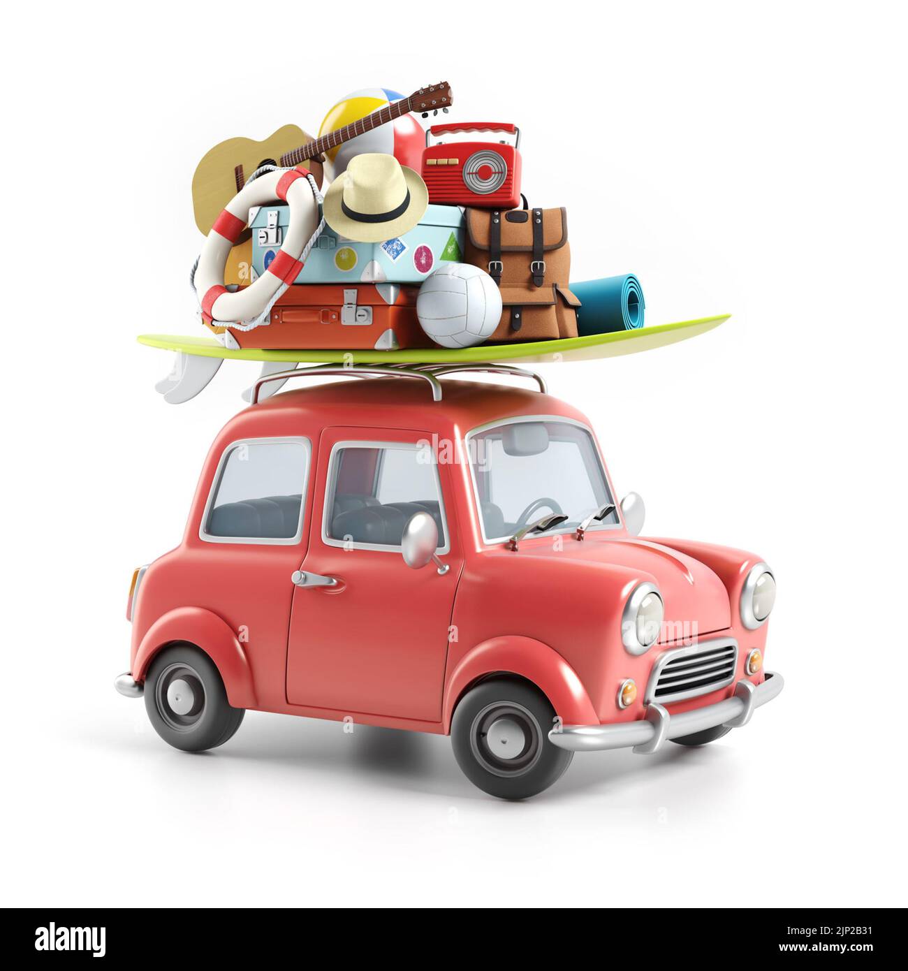 The 3D illustration of a red retro car full of things for vacation ...