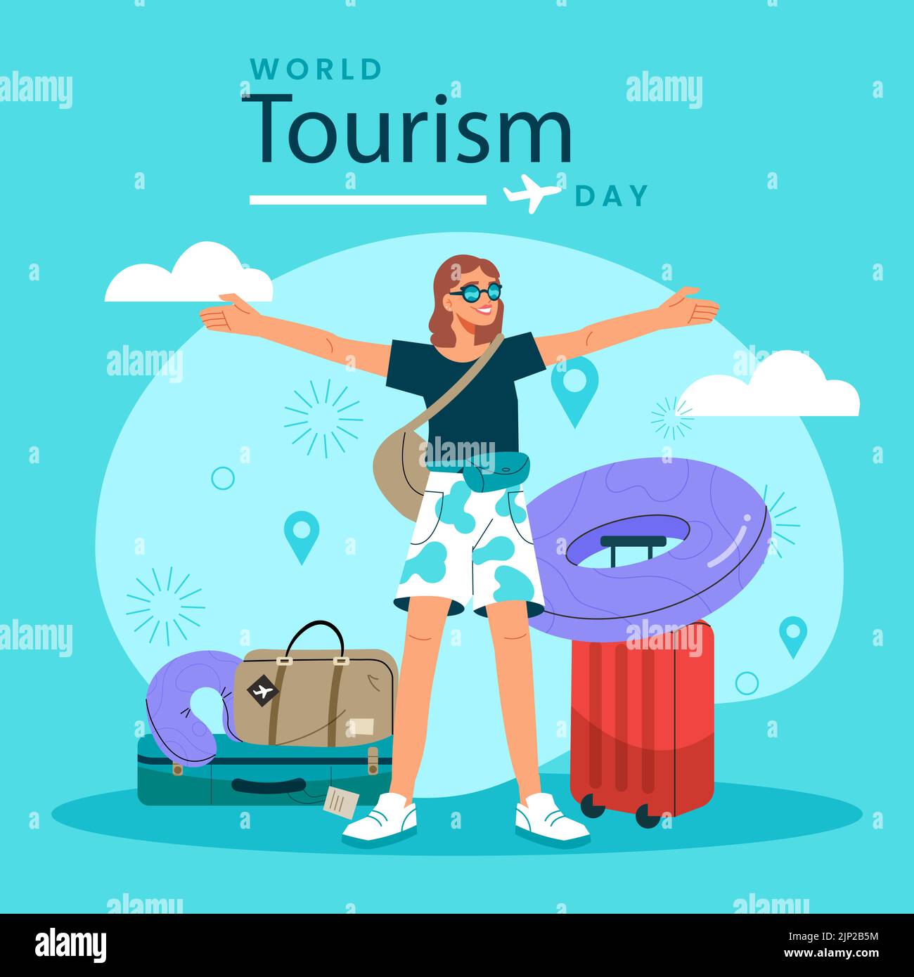 Flat illustration for world tourism day celebration, happy girl ready to travel Vector illustration Stock Vector