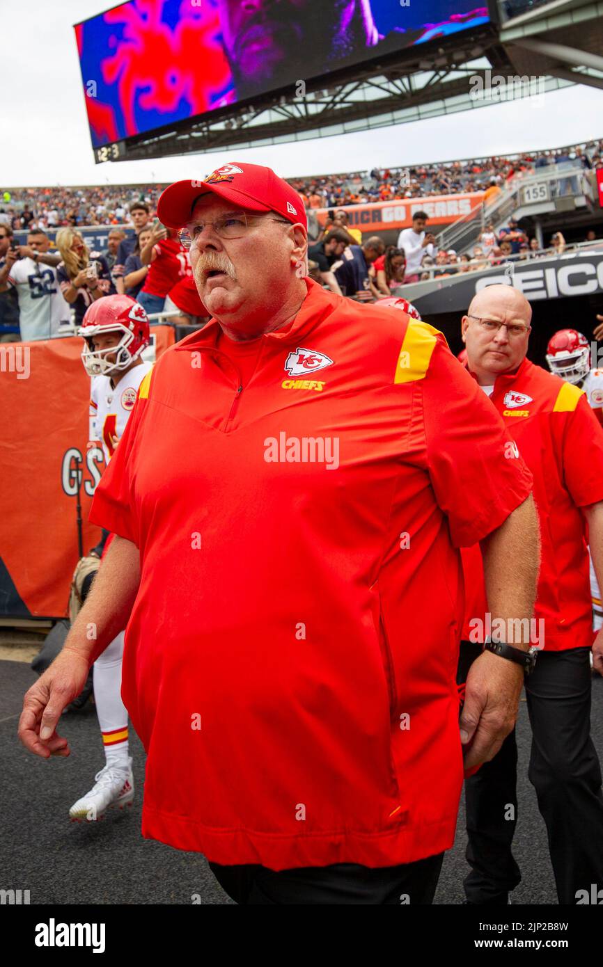 August 13, 2022: Chicago, Illinois, U.S. - Kansas City Chiefs head coach Andy Reid walks on to the field before the game between the Kansas City Chiefs and the Chicago Bears at Soldier Field in Chicago, IL. Stock Photo