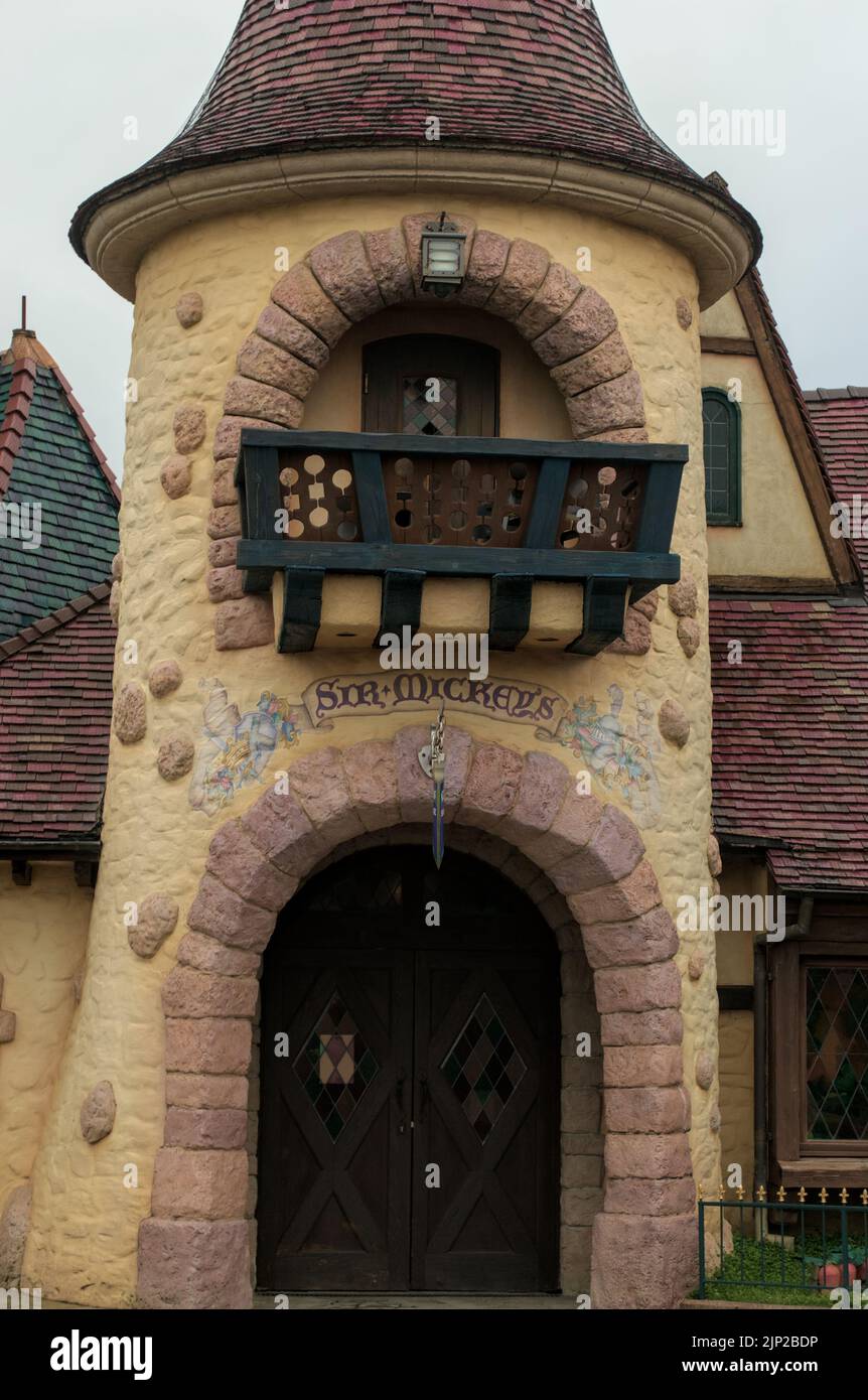 A vertical closeup shot of Sir Mickey's turret in fantasyland Disneyland, Paris, France Stock Photo