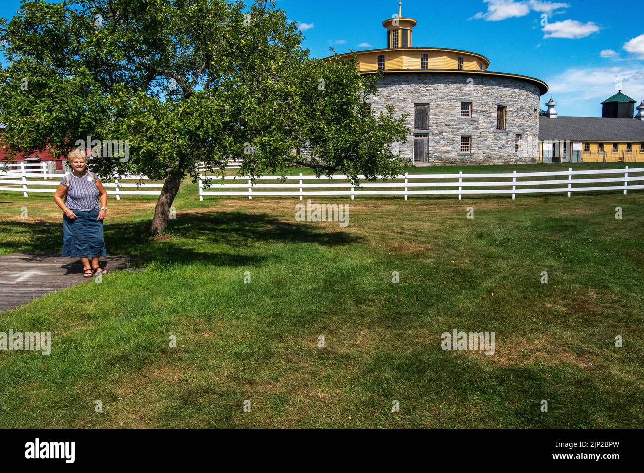 The iconic round stone  barn at Hancock Shaker Village Stock Photo