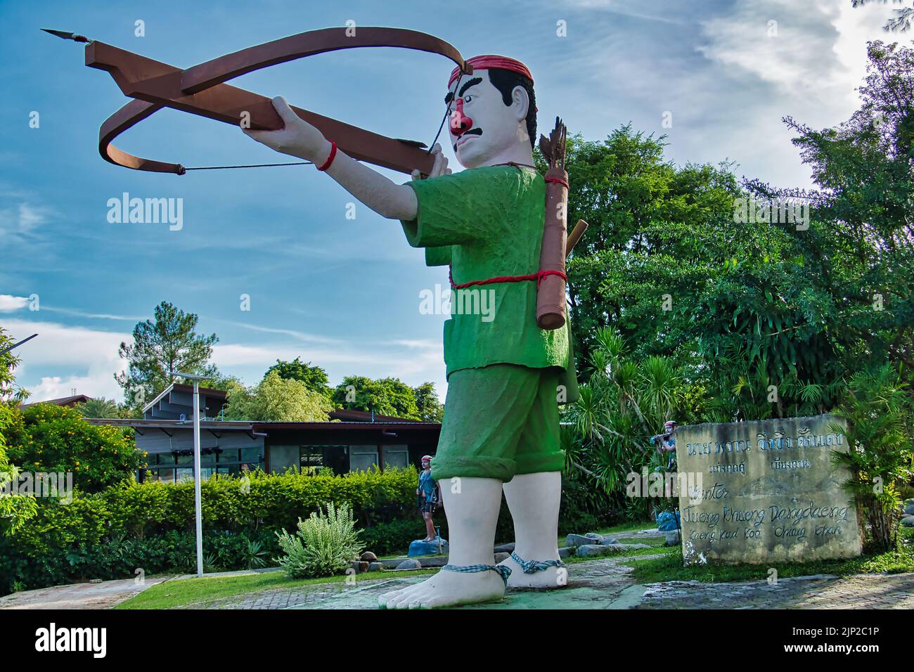 Statue of Jueng Khueng Dangdaeng, a giant Lao hunter, at Kaeng Khut Khu in Chiang Khan, a border town between Thailand and Laos on the Mekong River Stock Photo