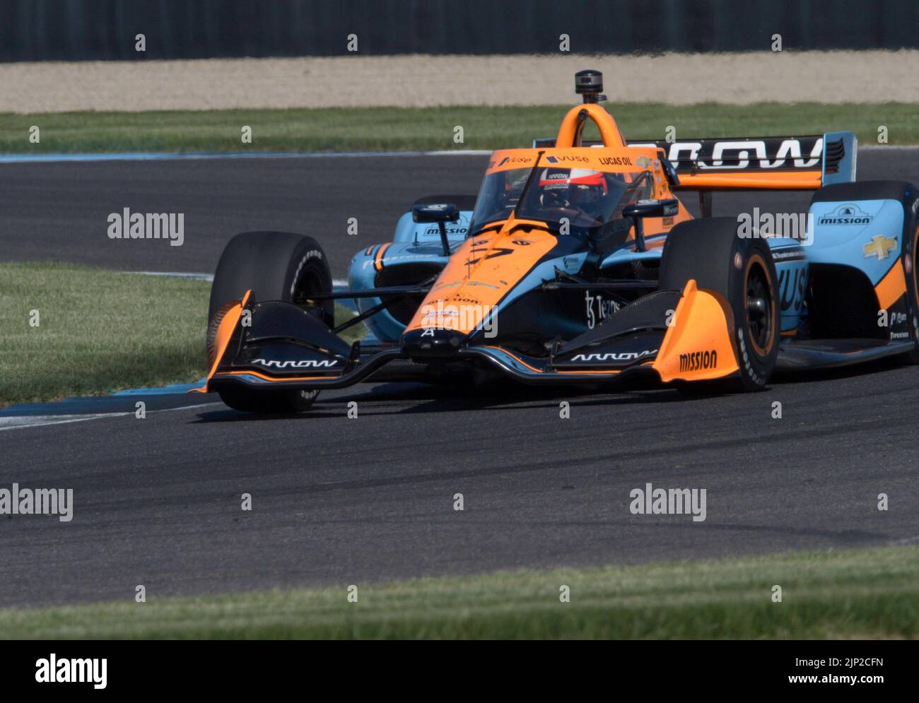 A blue Indycar during the Indianapolis Grand Prix qualifying