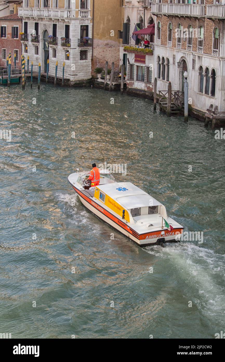 Ambulance boat on a canal in Venice. Stock Photo