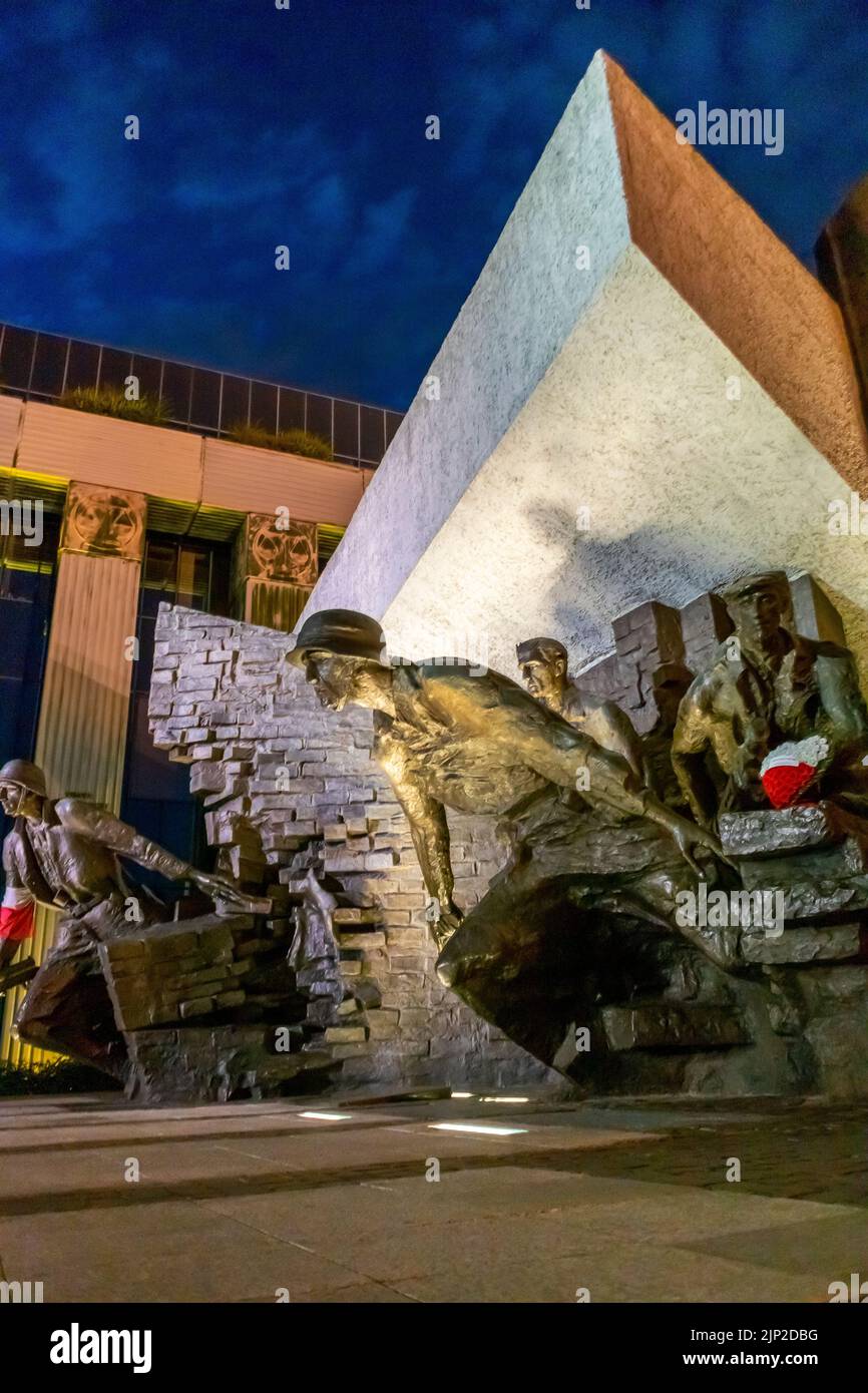 Warsaw, Poland, Warsaw Ghetto Uprising Monument, Public Sculpture at Night Stock Photo