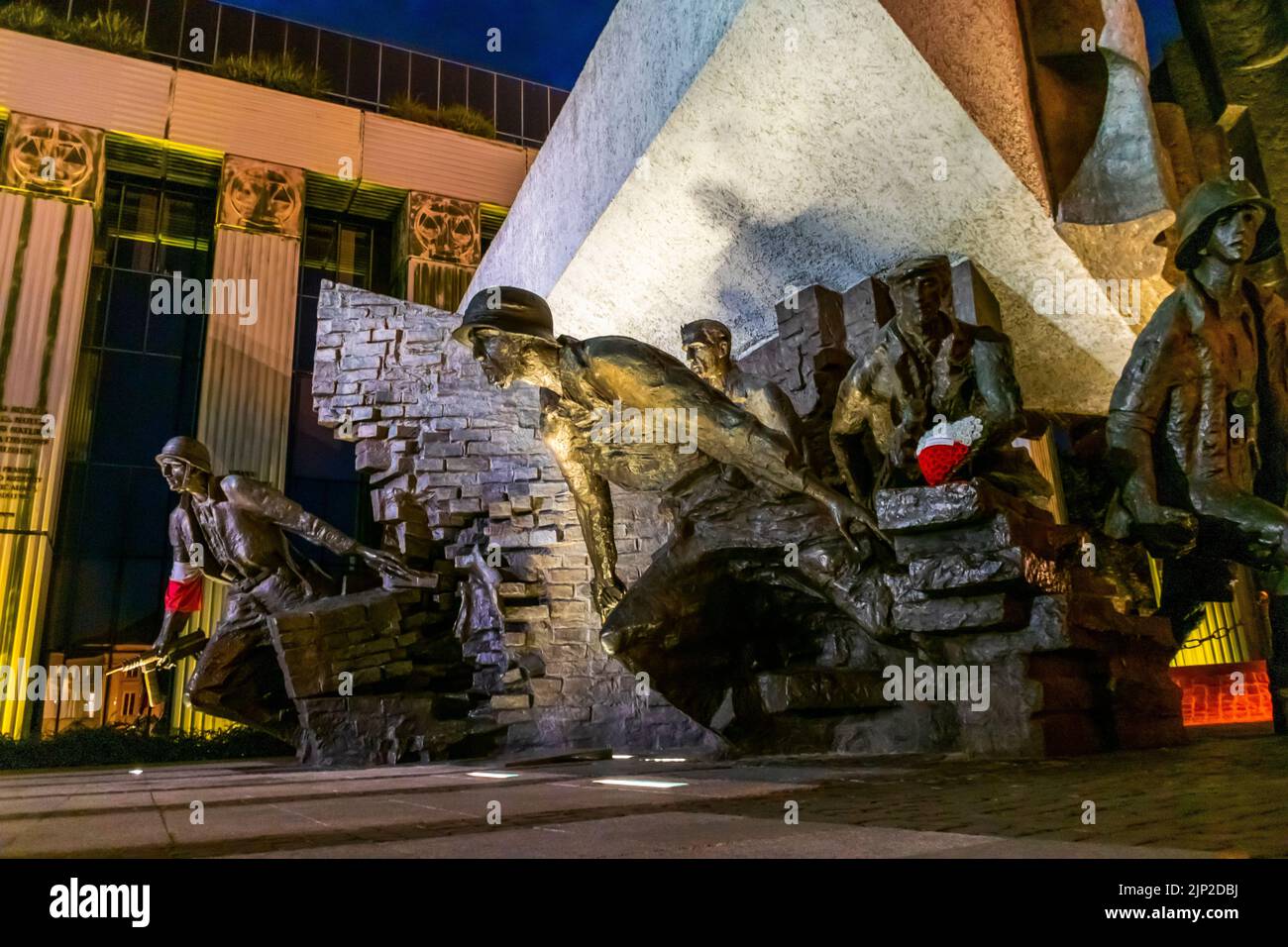 Warsaw, Poland, Warsaw Ghetto Uprising Monument, Public Sculpture at Night Stock Photo