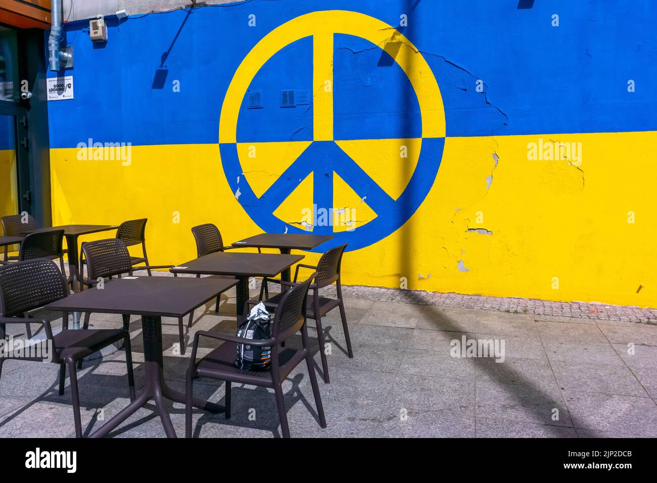 Warsaw, Poland, Detail, Street Art, Ukrainian Flag and Peace Sign, Anti-Russian War Stock Photo