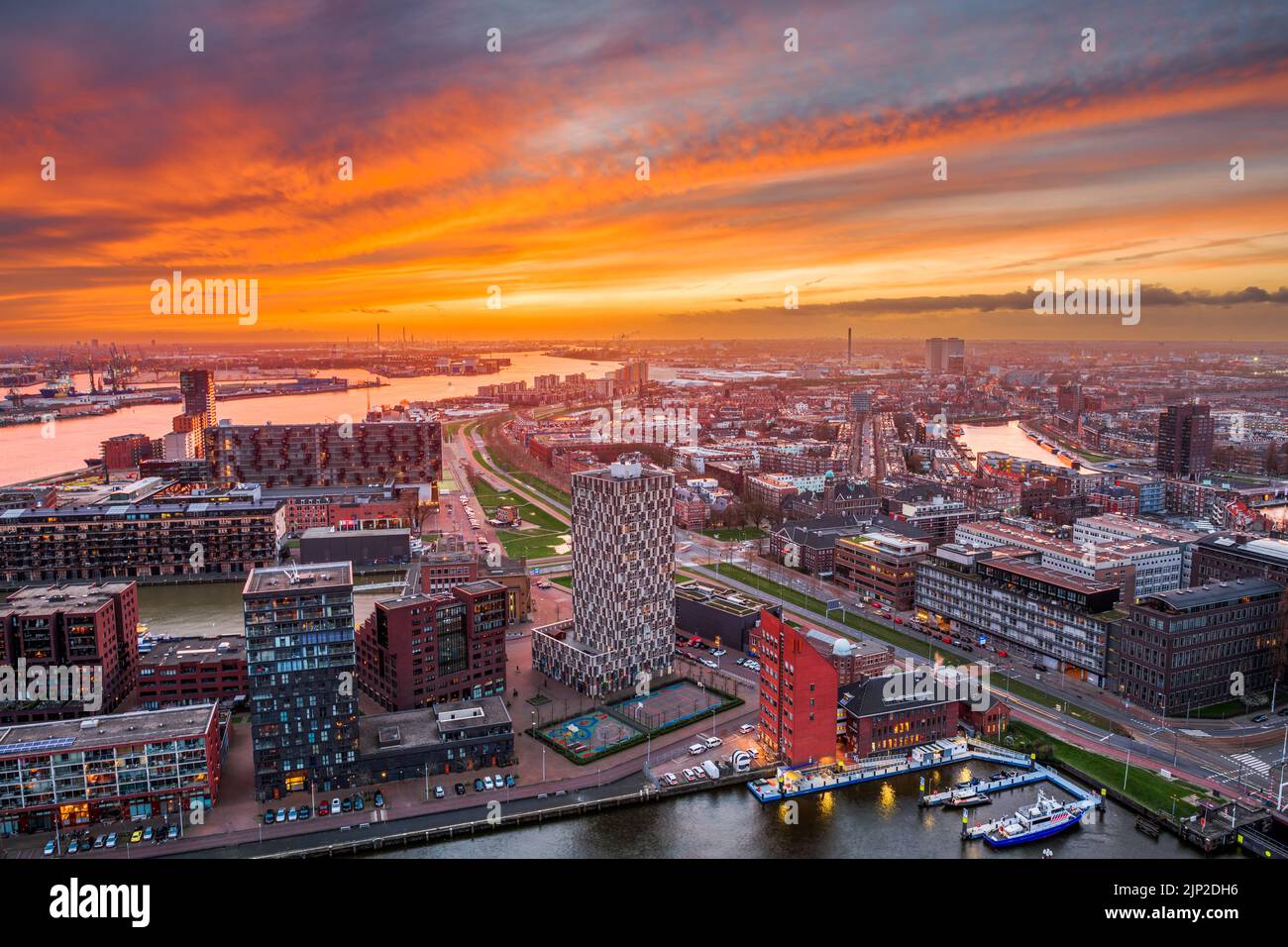 Rotterdam, Netherlands, cityscape towards the borough of Delfshaven at twilight. Stock Photo