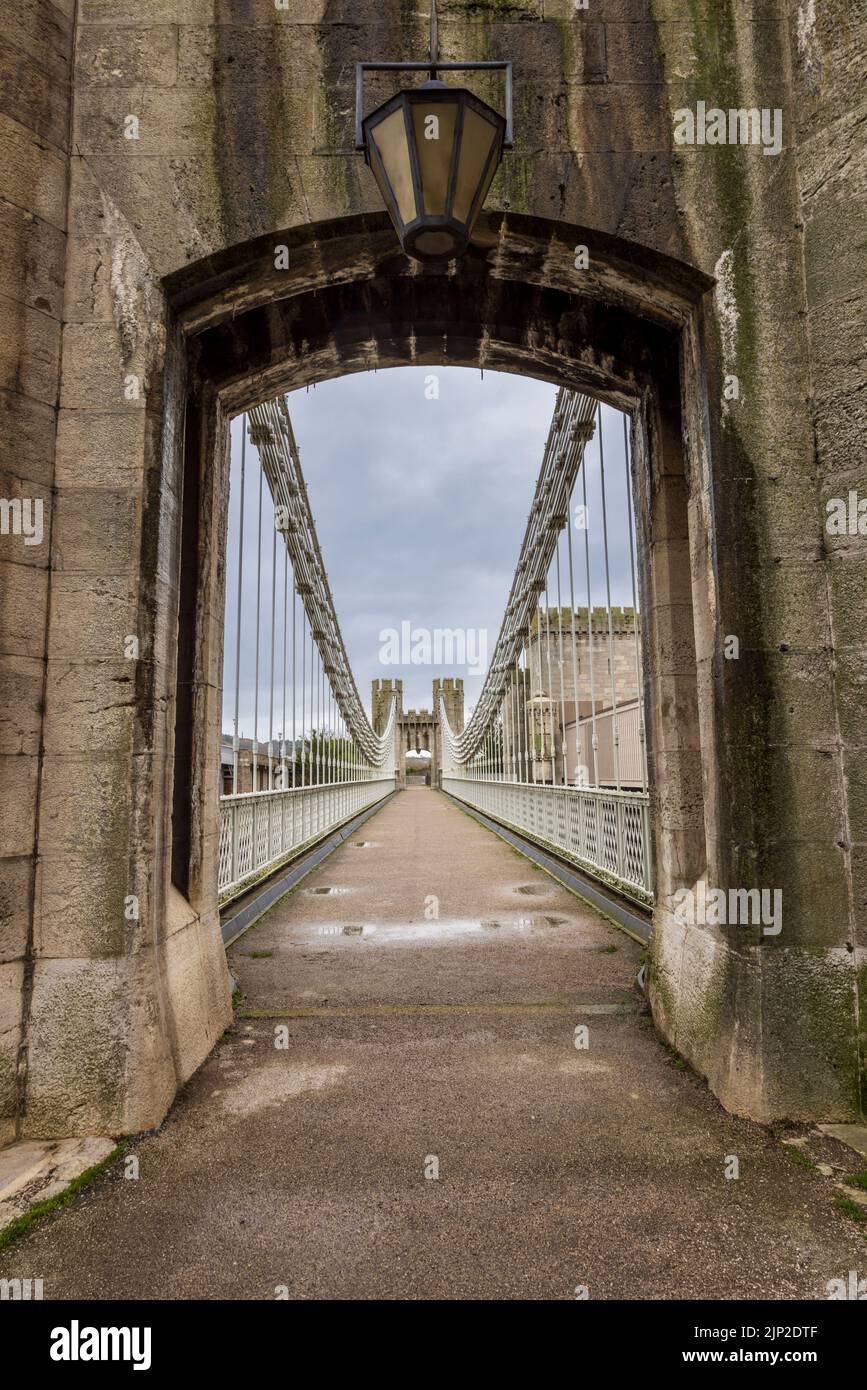 The entrance to the Conwy Suspension Bridge at Conwy,  Gwynedd, North Wales Stock Photo