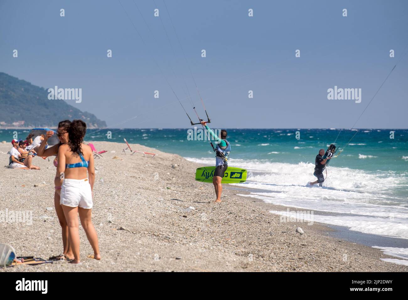 Kitesurfer holding the kite from the control bar Stock Photo