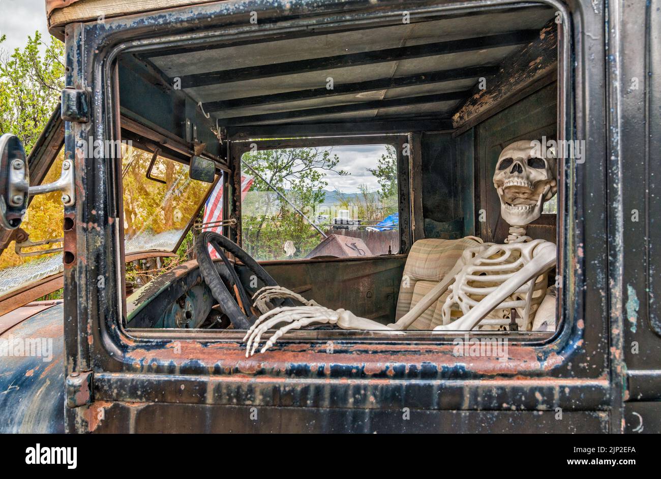 Human skeleton at old Ford pickup truck in ghost town of Tuscarora, Independence Valley, Nevada, USA Stock Photo