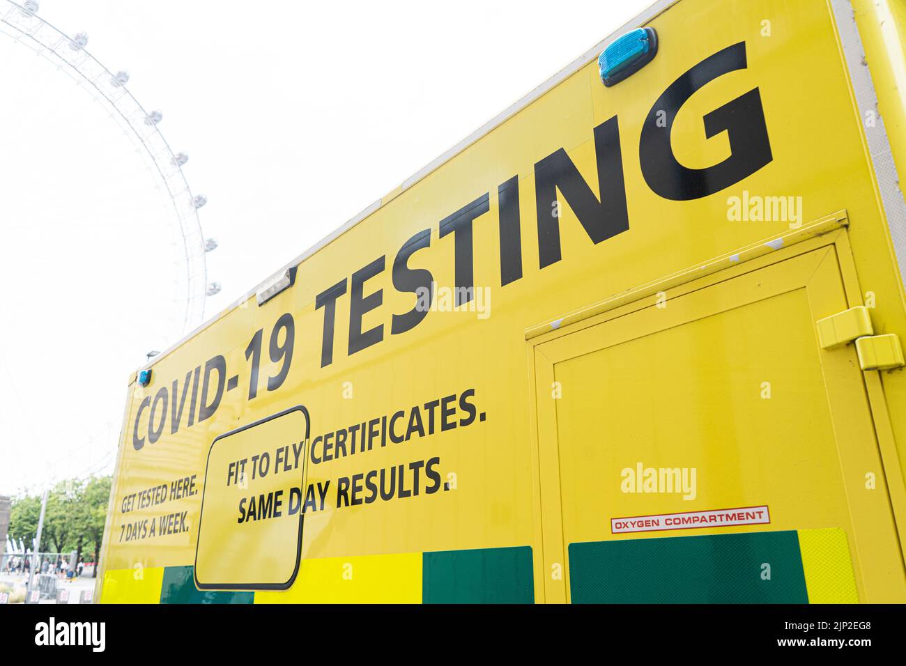 15 August 2022:  COVID-19 testing  in an ambulance for  fit to fly certificates, Waterloo, London, UK Stock Photo