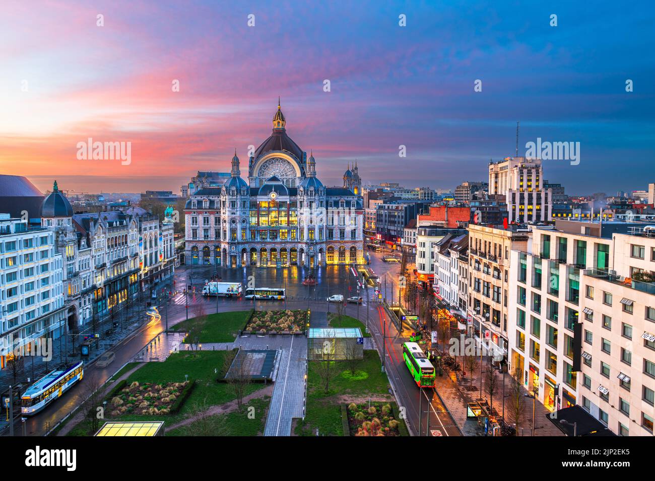 Antwerp, Belgium cityscape snd plaza at dawn. Stock Photo