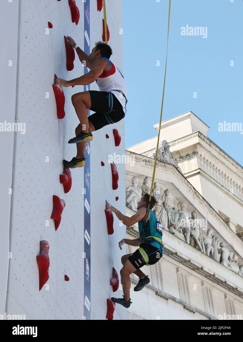 2022 European Championships - Sport Climbing - Konigsplatz, Munich, Germany - August 15, 2022 Austria's Lawrence Bogeschdorfer and Ukraine's Danyil Boldyrev in action during the men's speed final REUTERS/Wolfgang Rattay Stock Photo